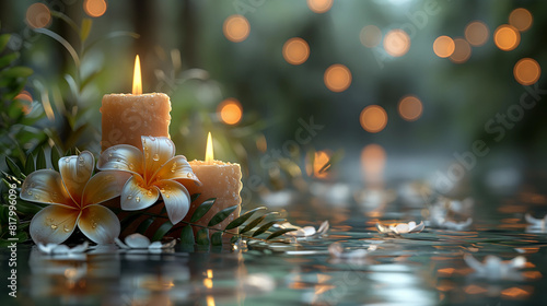 A candlelit scene with a few candles and flowers in a pond photo