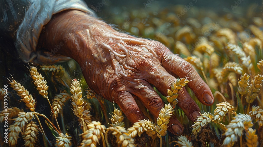 Fototapeta premium Farmers Hand Tenderly Touches Green Wheat Leaves 