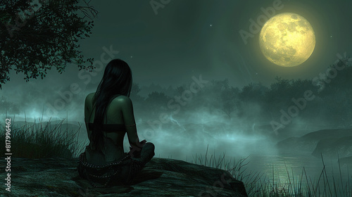   A woman sitting on a rock in front of a serene lake at night under a majestic full moon in the sky