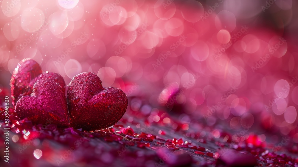 Glittering red heart among tiny pink hearts on a bokeh background creating a romantic and enchanting scene perfect for Valentine's Day and love-themed celebrations. Glittering red heart among tiny pink hearts on a bokeh background creating a romantic and enchanting scene perfect for Valentine's Day and love-themed celebrations.