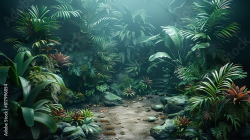 Fototapeta Naklejka Na Ścianę i Meble -  A dark tropical jungle with various carnivorous hostile plants and flora, ashen color floor and dense foliage in the background. Empty centrally lit clearing. Generative AI.