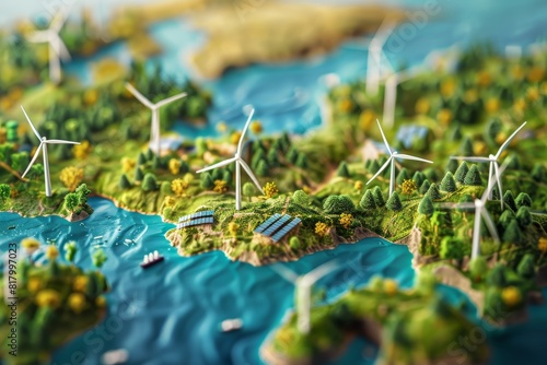 A map of the world with windmills and solar cells on it on bokeh style background