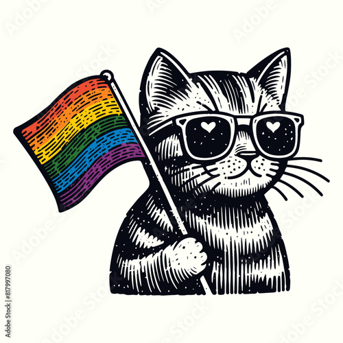 cute cat holding a LGBT flag illustration