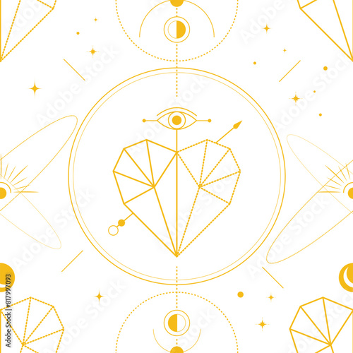 Gold heart with sun, stars and celestial symbols. Seamless pattern of esoteric, occult, alchemical and witch symbols. Vector illustration. photo