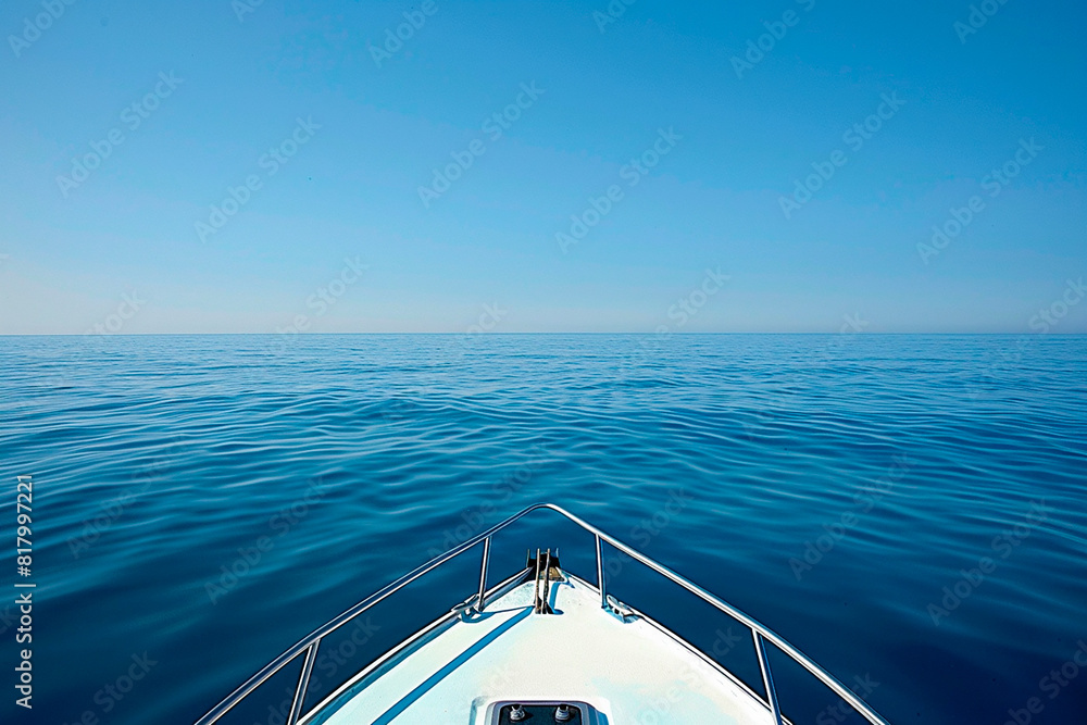 A boat is in the water with the water being blue