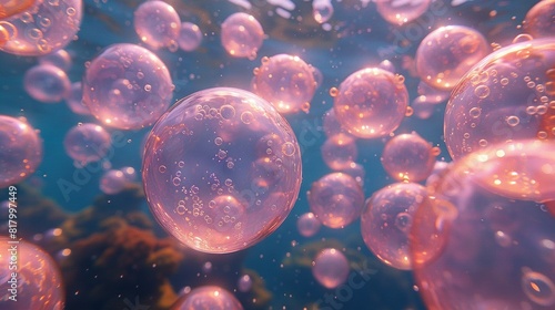  Pink bubbles float in a liquid-filled air space filled with blue and pink water