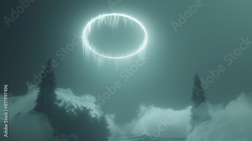 A large  glowing circle is floating above a forest