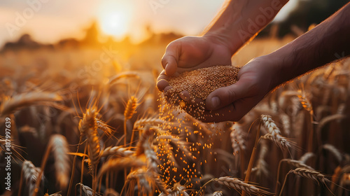 A farmer's hands pour wheat grains in a field photo