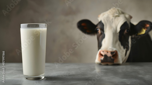 Banner for International Milk Day, June 1. A cow is looking at a glass of milk standing on a table on a gray isolated background with copy space