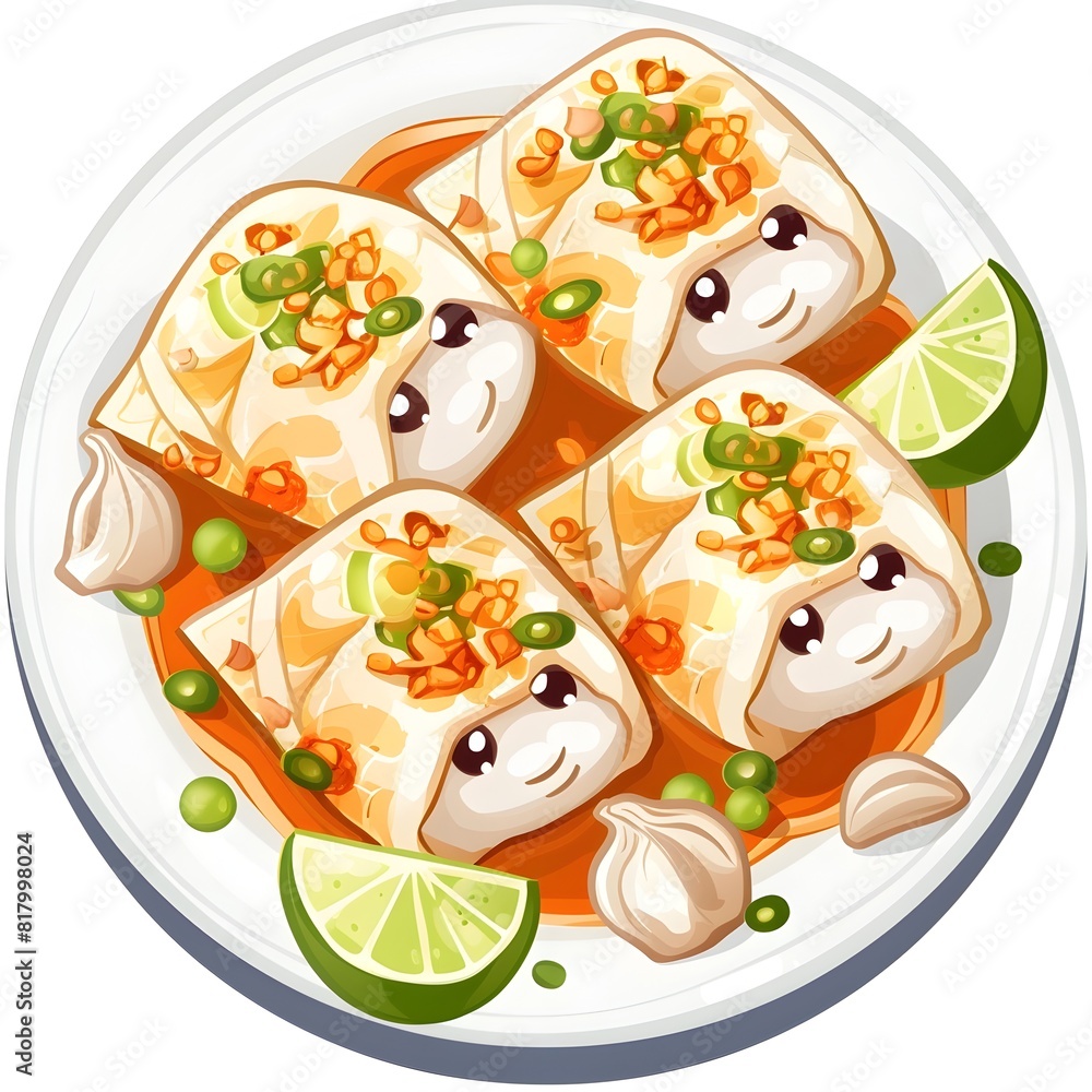 Adorable Chibi-Style Steamed Fish Dish with Lime and Garlic Sauce on White Background Adorable Chibi-Style Steamed Fish Dish with Lime and Garlic Sauce on White Background