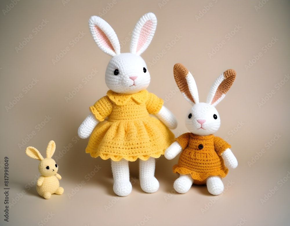 Obraz premium Two crocheted stuffed animal toys, one a white rabbit wearing a yellow dress and the other a brown rabbit wearing a yellow outfit
