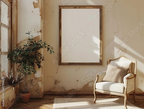 A vintage room interior with a wooden frame, a plant, and an armchair. photo