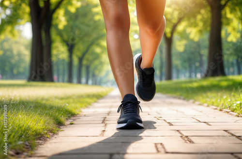 An active woman jogging  close-up of her feet in sneakers rushing along a park path. Green trees and fresh air create a feeling of vigor and energy