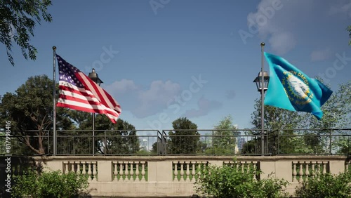 Modellazione 3D di balcone storico con bandiere USA e South Dakota  photo