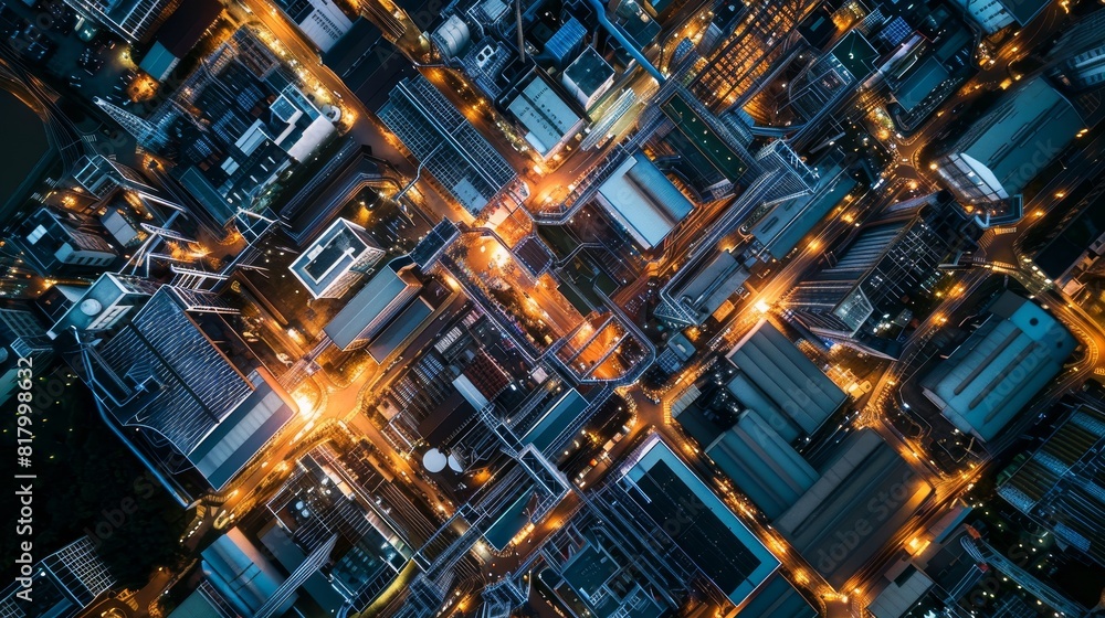 Aerial view of sprawling electronics production facility, massive rows of high-tech machinery and intricate conveyor belts, under soft daylight Aerial view of sprawling electronics production facility, massive rows of high-tech machinery and intricate conveyor belts, under soft daylight