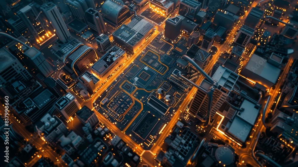Aerial view of sprawling electronics production facility, massive rows of high-tech machinery and intricate conveyor belts, under soft daylight Aerial view of sprawling electronics production facility, massive rows of high-tech machinery and intricate conveyor belts, under soft daylight
