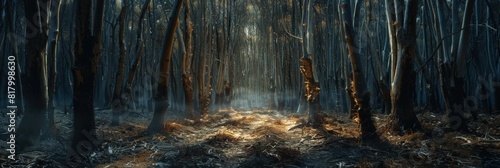 Sunlight streaming through tall forest trees in a mystical and serene setting creating a tranquil atmosphere perfect for nature and environmental themes.