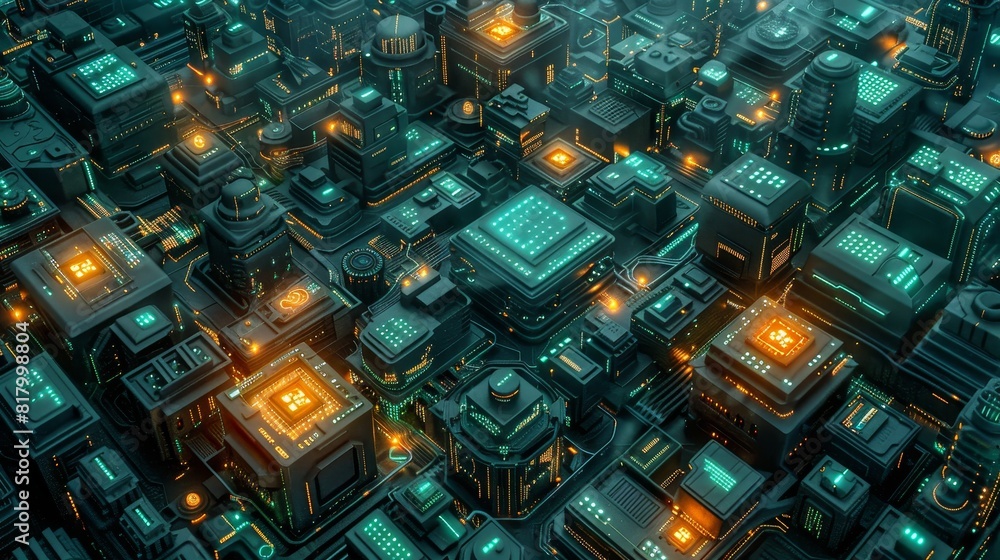 Artistic interpretation of an electronics factory floor transformed into a labyrinth of machines and glowing pathways, emphasizing scale and complexity