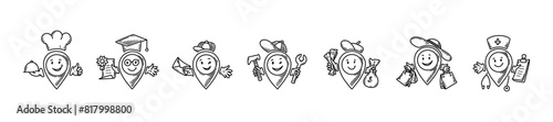 Cute line doodle location pin emoji. Set of freehand sketch pinpoints. Map address comic emoticons. Smiling funny characters photo