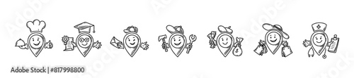 Cute line doodle location pin emoji. Set of freehand sketch pinpoints. Map address comic emoticons. Smiling funny characters