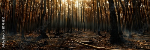 Morning light pierces through the smoke of a burnt forest, highlighting the resilience of nature photo