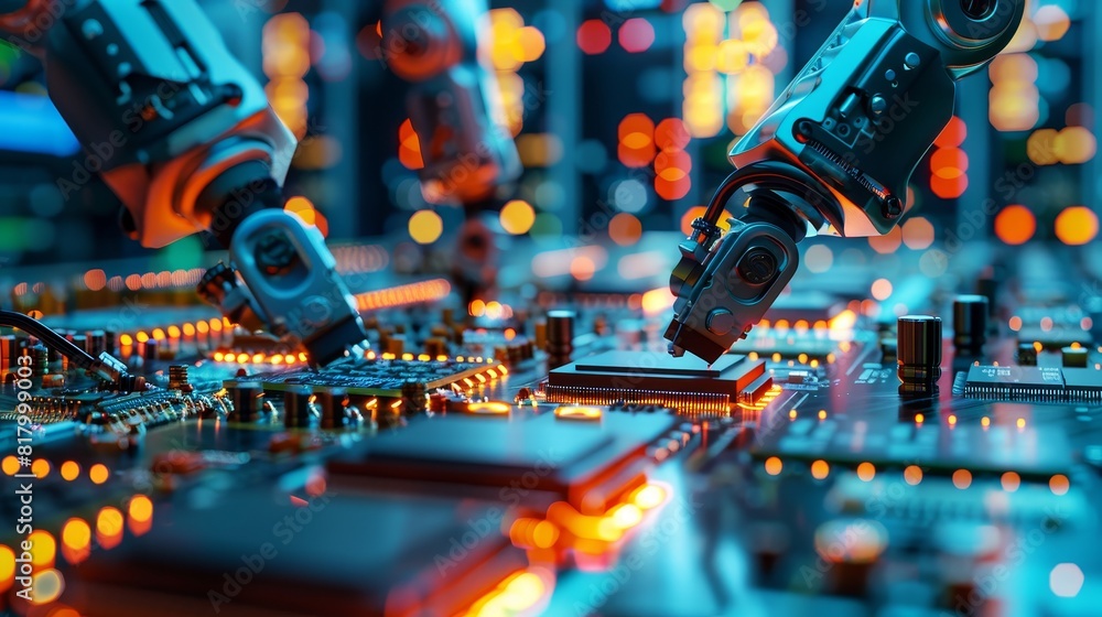 Close-up of a robot arm assembling circuit boards in a high-tech electronic factory, sharp focus on precise movements and detailed components Close-up of a robot arm assembling circuit boards in a high-tech electronic factory, sharp focus on precise movements and detailed components