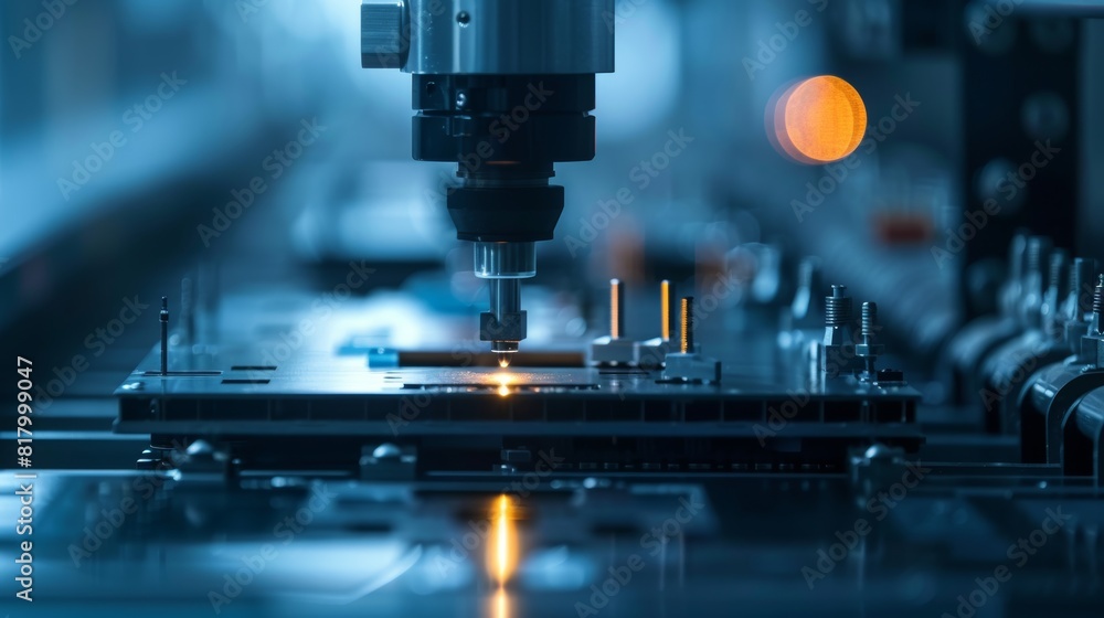 Close-up of an advanced electronic device production line in an industrial setting, showcasing the precision and complexity of cable manufacturing Close-up of an advanced electronic device production line in an industrial setting, showcasing the precision and complexity of cable manufacturing