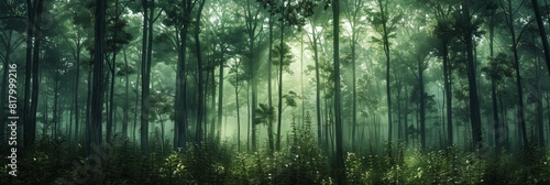 Sunlight filtering through dense rainforest trees creating a mystical and serene atmosphere in a lush green forest perfect for nature and environmental themes.