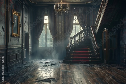 A dark creepy hallway with a staircase leading up to a room. The room has a picture on the wall and atmosphere is eerie and unsettling