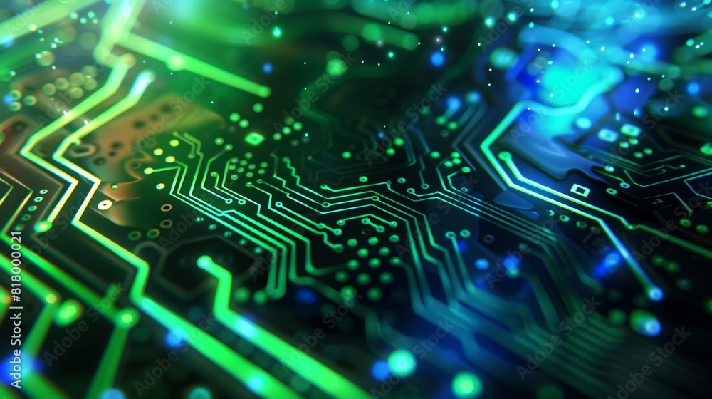 Obraz premium Futuristic green-blue circuit board wallpaper, great for tech backgrounds.