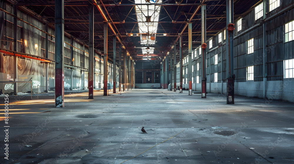 Interior of an old industrial building with a bird in the foreground Interior of an old industrial building with a bird in the foreground