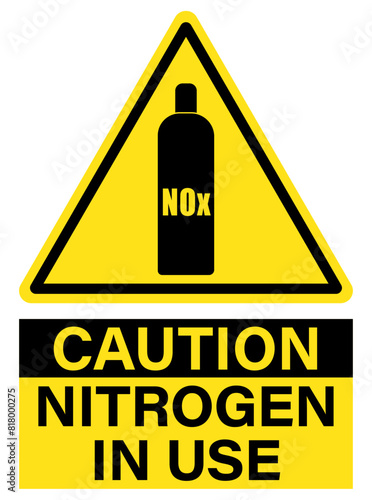 Caution, nitrogen in use. Yellow warning triangle sign with gas cylinder and text below.
