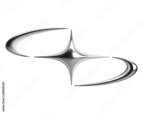 3D Y2K chrome star with elongated, fluid, wavy shapes and sleek, shiny, metallic, glossy finish. Isolated vector galaxy sign with spark, silver element for futuristic design in cyber space aesthetic