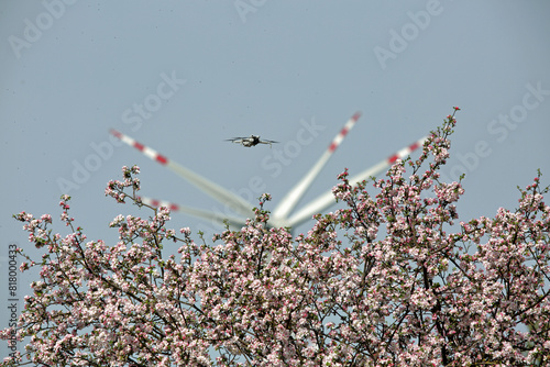 Dron w powietrzu nad kwitnącym drzewem w tle turbina wiatrowa.