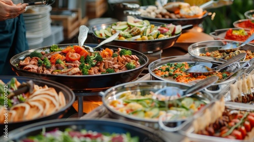 A spread of mouthwatering food awaits on a buffet table, showcasing a diverse array of dishes ranging from savory to sweet, including appetizers, main courses, sides, and desserts © Helen-HD