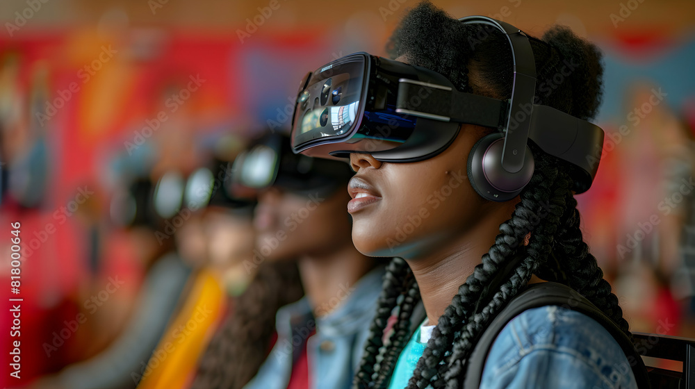 Photo realistic students engaging in virtual reality based learning for innovative and immersive educational experiences Photo realistic students engaging in virtual reality based learning for innovative and immersive educational experiences