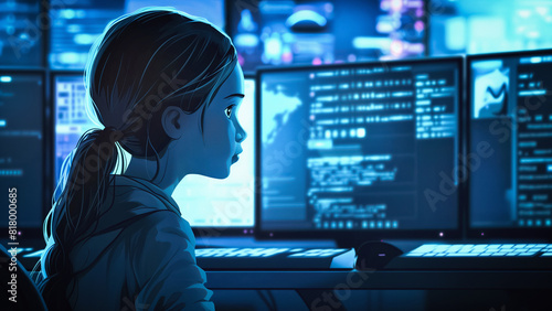 Illustration of a nerdy hacker girl in front of her workstation