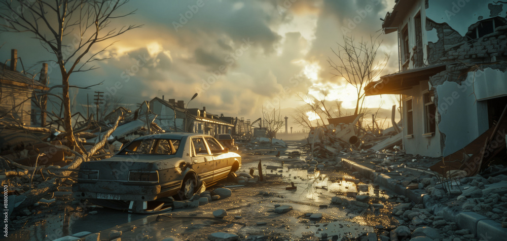 The destruction after the hurricane. The car got stuck on a flooded street in a ruined city. The sky is overcast