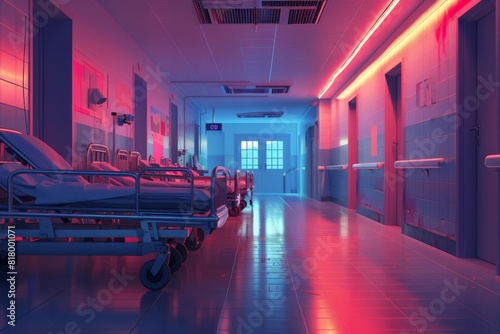 A hospital hallway with neon lights and beds.