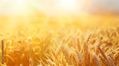 Wheat field. Ears of golden wheat. Beautiful Sunset Landscape. 