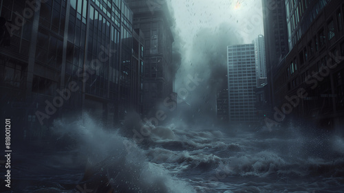 The concept of the end of the world. The city is flooded with water  and the sky is dark. The scene is ominous and suggestive