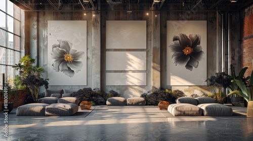 Minimalist wedding interior with blank posters and beautiful black flowers on the walls