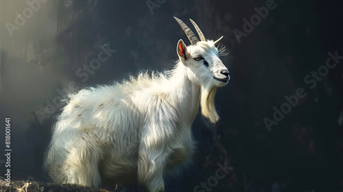 Side view white goat outdoors for eid scarifice Animals Biodiversity Nature Wildlife on dark background 