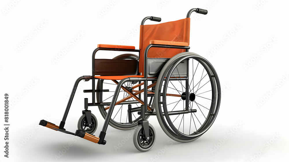 Photo realistic modern wheelchair isolated on white background representing mobility aid for patient care and healthcare. Ideal for healthcare, medical, or rehabilitation themed co