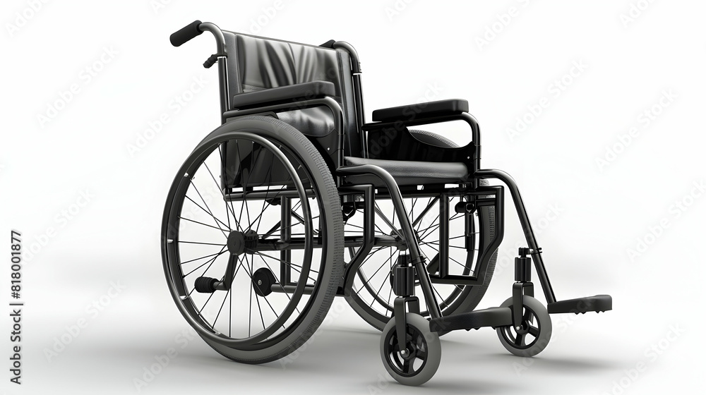 Photo realistic of a modern wheelchair on white background symbolizing mobility aid and patient care in healthcare and rehabilitation settings.
