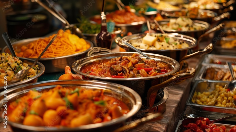 Obraz premium A buffet table filled with an array of delicious dishes, including savory meats, fresh salads, decadent desserts, and flavorful sides, ready to be enjoyed by diners