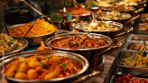 A buffet table filled with an array of delicious dishes, including savory meats, fresh salads, decadent desserts, and flavorful sides, ready to be enjoyed by diners