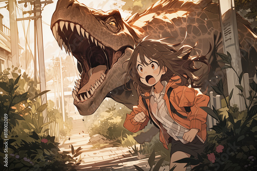Manga - Young woman running away from a T-Rex