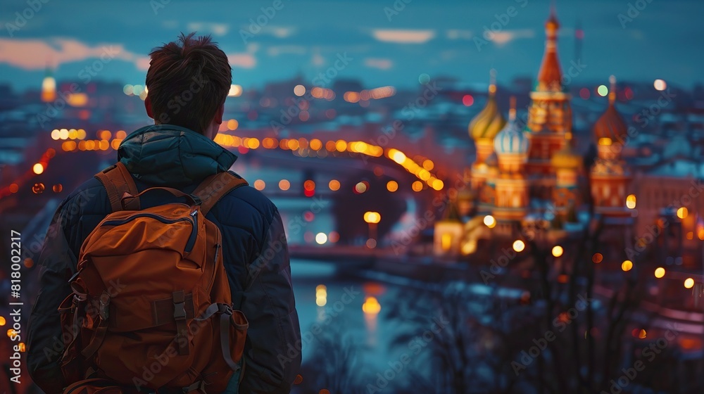 A person wearing a yellow jacket and blue beanie is standing on a bridge at night, looking at a river and a city skyline with many lights.

