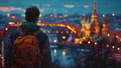A person wearing a yellow jacket and blue beanie is standing on a bridge at night, looking at a river and a city skyline with many lights.   © Awais